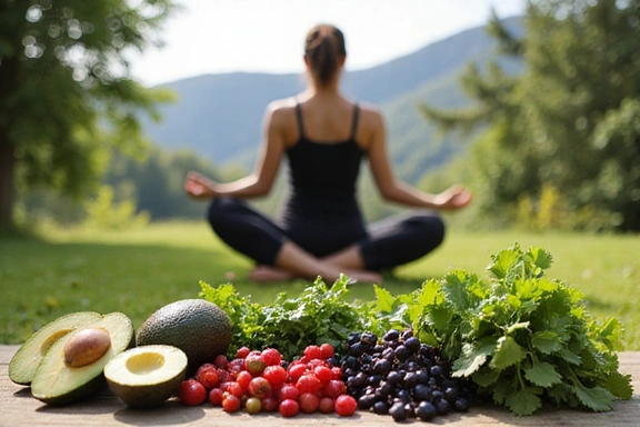 Una persona che pratica yoga all'aperto, con frutta e verdura fresche in primo piano, che simboleggia uno stile di vita sano e la natura.