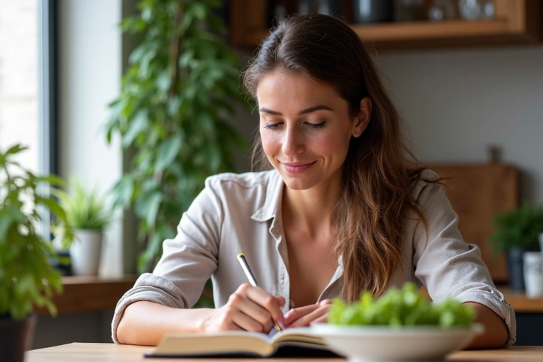 Una donna che legge un libro sulla nutrizione mentre mangia un'insalata fresca